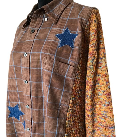 Upcycled Autumn Flannel Shirt, Sweater Sleeves, L: Plaid Button-Down Jacket - Picture 5 of 10